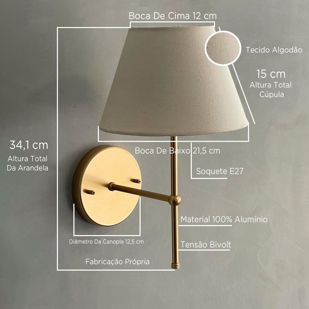 Arandela Luminaria de Parede Dourado Aluminio Bivolt com Cupula Bege Algodão