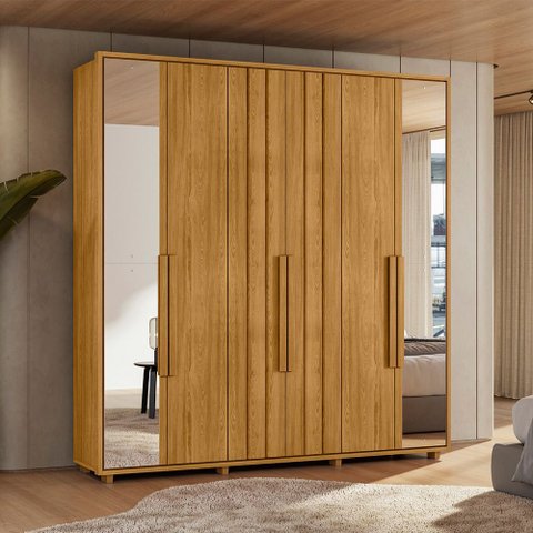 Guarda-Roupa Casal 6 Portas 100% MDF com Espelhos e Pés Veronese Marrom/Cumaru