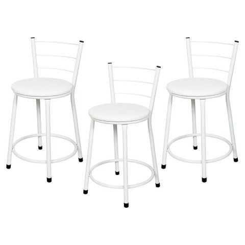 3 Banquetas Baixa para Cozinha Epoxi Branca Branco
