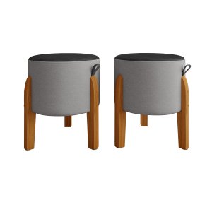 Kit 2 Puff Luna Couro Linho Pés Madeira Maciça Eucalipto:cinza/preto