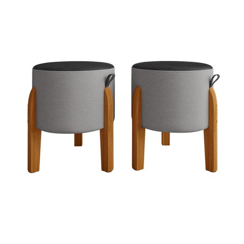 Kit 2 Puff Luna Couro Linho Pés Madeira Maciça Eucalipto:cinza/preto