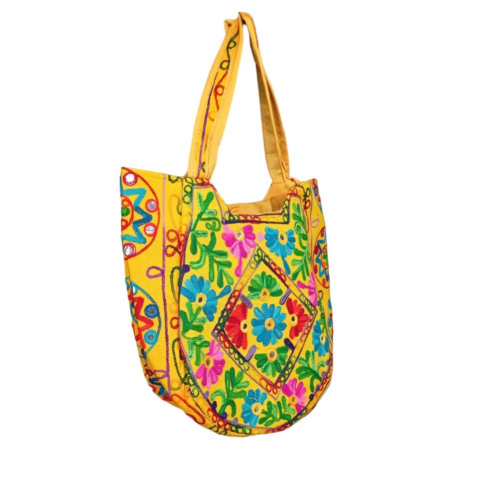 Bolsa Indiana Amarela Bordada Floral - 4