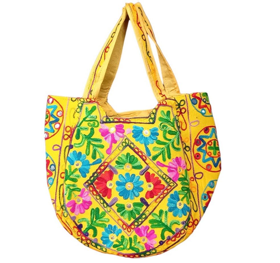 Bolsa Indiana Amarela Bordada Floral