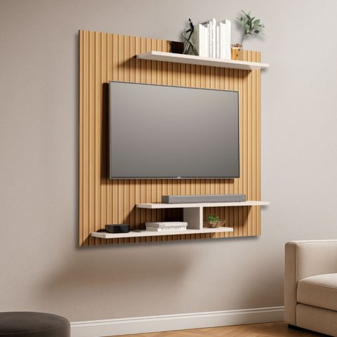 Painel para Tvs de até 32" Osiris Compacto com 3 Prateleiras:ripado/branco