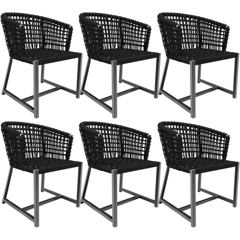 Kit 06 Cadeiras Decorativas Para Área Gourmet Cozinha Corda Náutica Belize D04 Preto - Lyam Decor