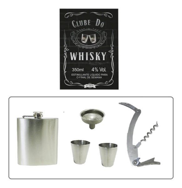 Kit Clube do Whisky com 5 Peças Cantil + Mini Funil + 2 Copos Shot + Abridor de Garrafa Multiuso - C - 1