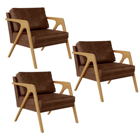 Kit 03 Poltronas Decorativa Sala Estar Pietra Com Estrutura Madeira L02 Couríssimo Marrom-Lyam