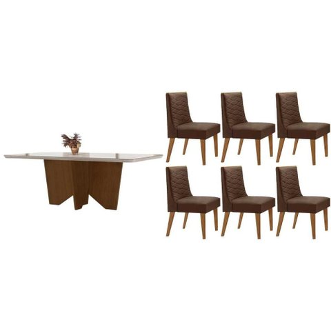 Conjunto Mesa Nevada c/ Tampo Madeirado c/ Vidro Canto Curvo 180x90cm e 6 Cadeiras Dafne Madeira