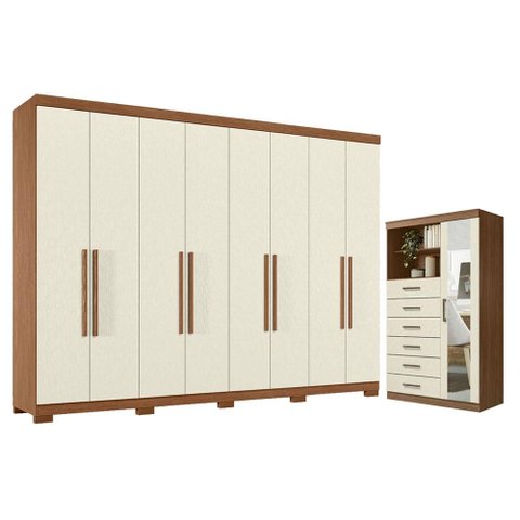 Guarda Roupa Casal 8 Portas 4 Gavetas Master New com Pés e Cômoda Marabá com Espelho Jatobá Areia Ac