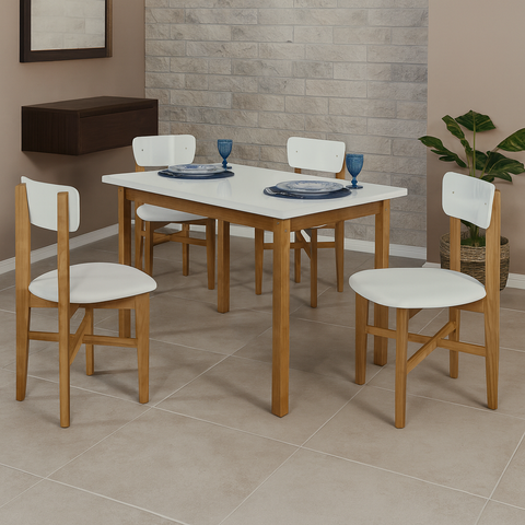Conjunto Mesa Jantar Base Madeira Maciça C/ 4 Cadeiras Elisa Ideal para Apartamento 1,20 X 80 Branco