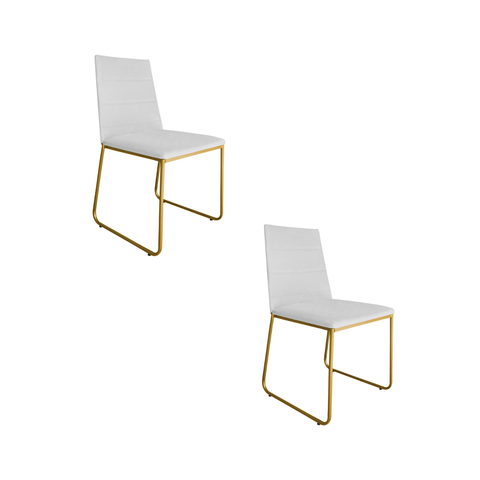 Kit 02 Cadeira de Jantar Estofada Lille Base Gold Courino Branco  - Montanaris Decor