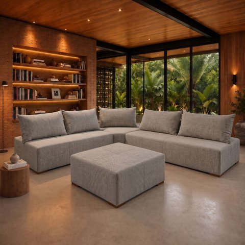 Sofá de Canto Modulado com Puff e Base Madeira Maciça 320CMX270CM Lisboa