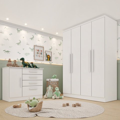 Conjunto Infantil com Guarda Roupa e Cômoda Harmonia Yescasa Branco/Neve