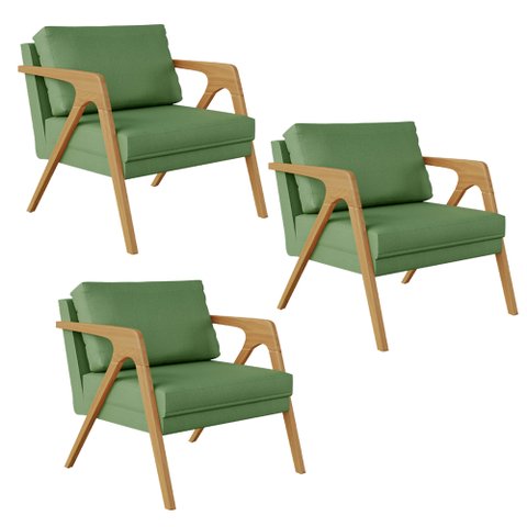 Kit 03 Poltronas Decorativa Sala Pietra Com Estrutura Madeira L02 Facto Verde Musgo - Lyam Decor