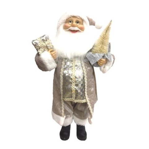 Papai Noel Casaco Cinza Perolado Luxo 45cm Presente e Pinheiro - Master Christmas