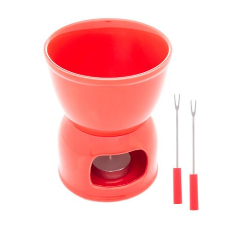 Aparelho Fondue 4 Pç De Porcelana P/2 Pessoas Vermelho 400Ml