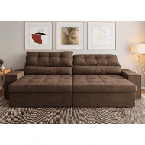 Sofá com Chaise Medelín 5 Lugares Retrátil e Reclinável 275cm Marrom Cia Lar Móveis