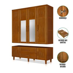 Guarda Roupa em Madeira Maciça 4 Portas 2 Portas com Espelho Imperatriz Castanho - 2