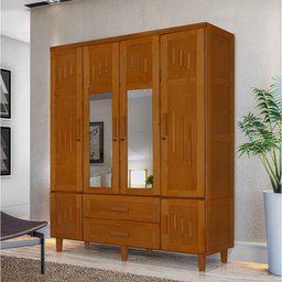 Guarda Roupa em Madeira Maciça 4 Portas 2 Portas com Espelho Imperatriz Castanho - 1