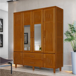 Guarda Roupa em Madeira Maciça 4 Portas 2 Portas com Espelho Imperatriz Castanho