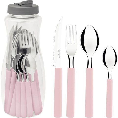Faqueiro Tramontina Gamboa 16 Peças Rosa Talheres Aço Inox Mesa Jantar Cozinha Cabos Polipropileno
