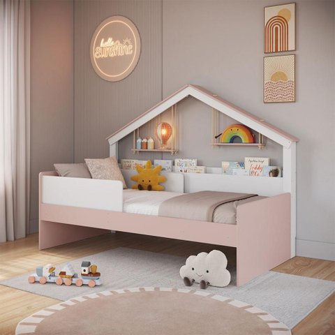 Cama Infantil com Proteção Lateral 106cm x 200,3cm Moldura Casinha com Livreiro Cor:Branco com