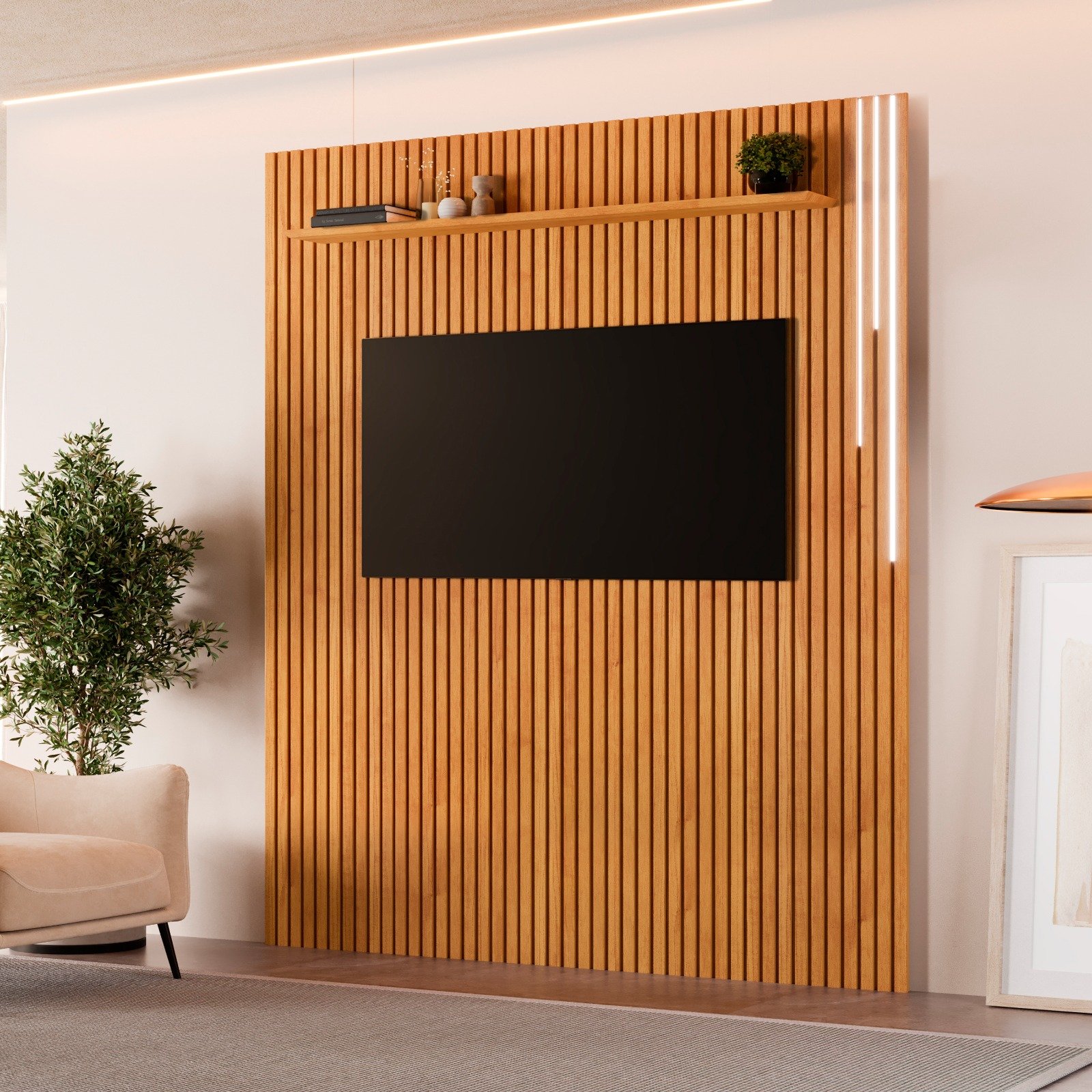 Painel Paris Ripado com Led e Prateleira 2,28x2,50 Naturalle