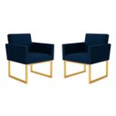 Ver imagem 2 de Kit 2 Poltronas Reforçada Recepção Base Metálico Dourado Azul-Marinho