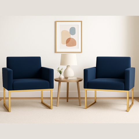 Kit 2 Poltronas Reforçada Recepção Base Metálico Dourado Azul-Marinho