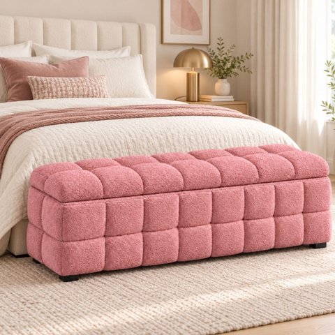 Recamier Baú Cama Casal 138cm Banco Puf Estofado Bouclé Boss:Rosa/Bouclé