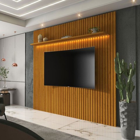 Painel para TV até 75 Polegadas Sole 1 Prateleira Ripado com LED 100% MDF Naturale - Pnr Móveis