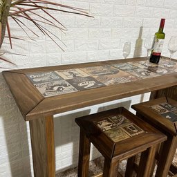 Conjunto Bancada Mesa e 2 Banquetas de Madeira - Cerâmica Cor:marrom - 4