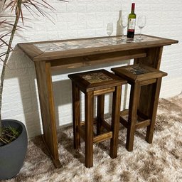 Conjunto Bancada Mesa e 2 Banquetas de Madeira - Cerâmica Cor:marrom - 2