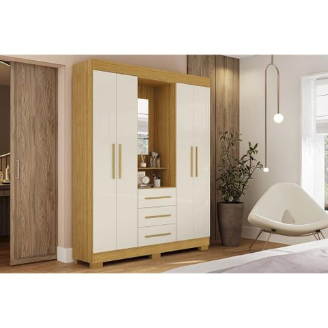 Guarda Roupa Solteiro 4 Portas e 3 Gavetas C/ 1 Espelho Emily Gold Nature/off White - Acp