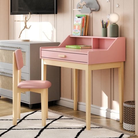 Escrivaninha Mdf Infantil com 1 Gaveta com Cadeirinha Infantil Rosa