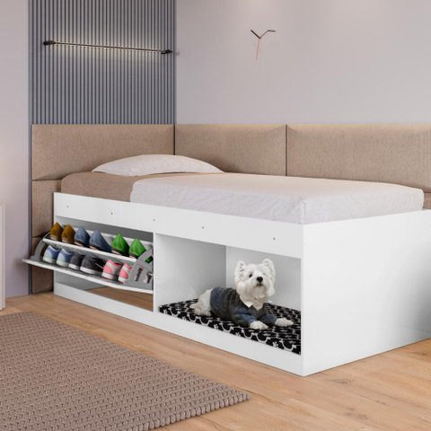 Box 2 Prateleiras Solteiro Uruguai com Kit Pet e Colchão Branco