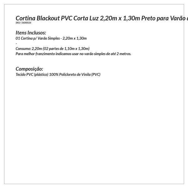 Cortina Blecaute Preta Corta Luz de PVC 2,20m x 1,30m para Varão de 2 Metros Simples - 3