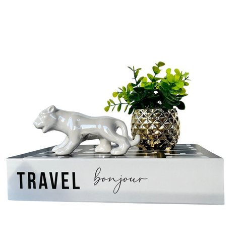Decoração Livro Fake, Vaso Cachepô Dourado e Enfeite Puma