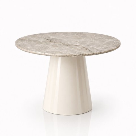 Mesa de Jantar Cone Redondo 140 cm Tampo Mármore Taj Mahal Base Laca Off White