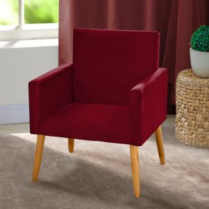 Cadeira Poltrona para Sala Pés Madeira Suede Vinho Bordô