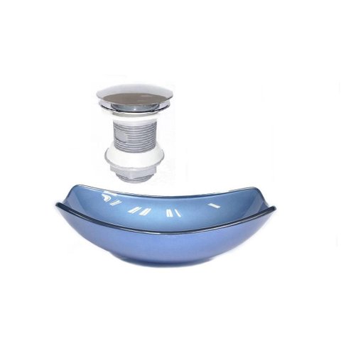 Cuba de Vidro Oval Chanfrada 46cm Azul + Valvula Click