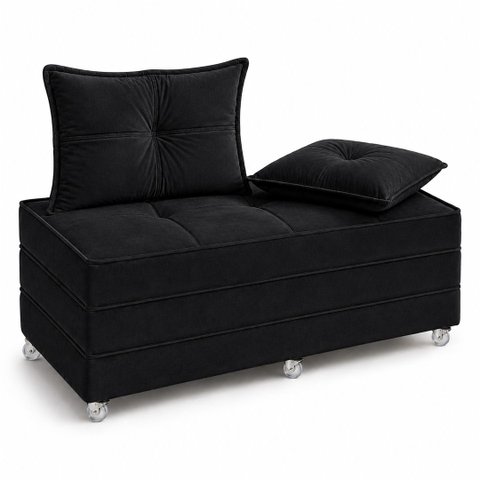 Puff Cama Dobravel 130cm Casal com Rodízios e Almofadas Cor: Suede Preto