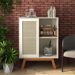 Balcao Alto Aparador Buffet com Porta de Correr Bali Pés em Madeira Off White - 3 Balcao Alto Aparador Buffet com Porta de Correr Bali Pés em Madeira Off White - 3