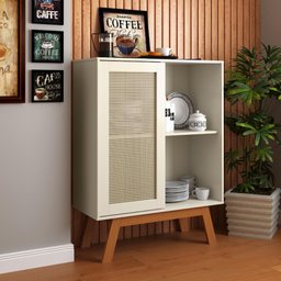 Balcao Alto Aparador Buffet com Porta de Correr Bali Pés em Madeira Off White - 2 Balcao Alto Aparador Buffet com Porta de Correr Bali Pés em Madeira Off White - 2