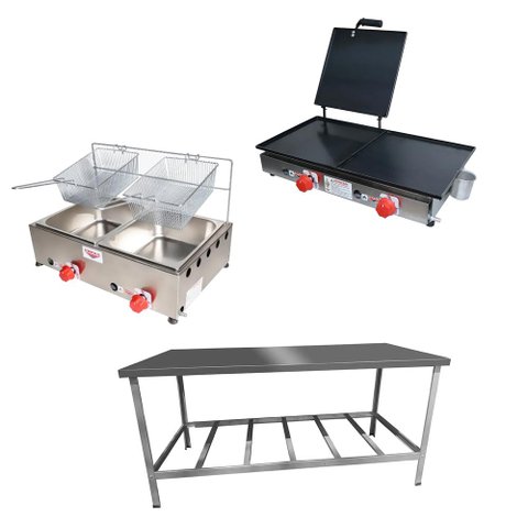Kit Lanchonete Mesa de Manipulação 190x70cm + Fritadeira a Gás 2 Cuba + Chapa a Gás 60cm