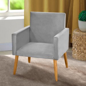 Cadeira Poltrona para Sala Pés Madeira Suede Cinza Claro