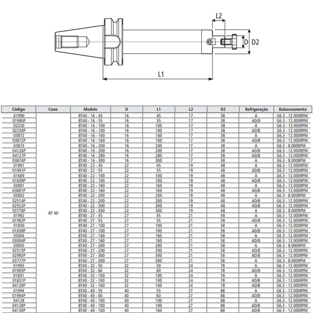 Porta Fresa Facear Modelo Bt40 - 27 - 200 - Refrigeração a - Mas 403 Bt/ Din 3937 - 6