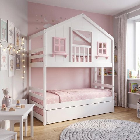 Treliche Casinha Dos Sonhos com Varanda Madeira Maciça Branco/ Rosa Megamobilia
