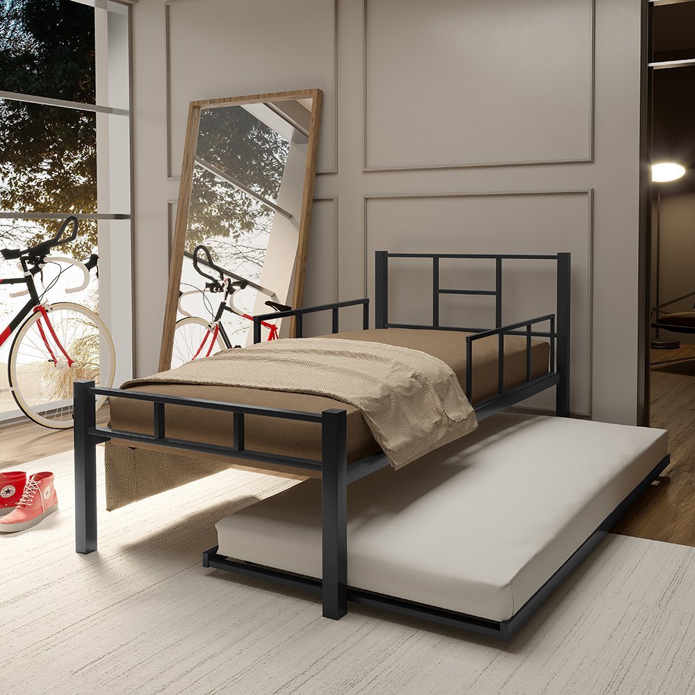 Cama Solteiro com Auxiliar Estilo Industrial Tubular com Grade - Preto ...