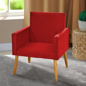 Poltrona Decorativa Nina Pés Madeira Castanho Suede Vermelho